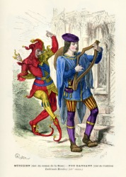 An engraving of a medieval minstrel. An engraving of a medieval minstrel.