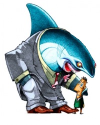An illustration that personifies a shark as a greedy corporation. An illustration that personifies a shark as a greedy corporation.