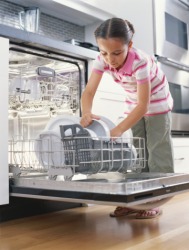 One of Jazmine's chores is to put the dishes in the dishwasher. One of Jazmine's chores is to put the dishes in the dishwasher.