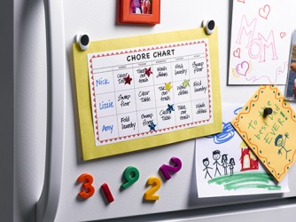 Nick's mom put a chore chart on the refrigerator to remind him and his sisters about the household jobs they need to complete every day. Nick's mom put a chore chart on the refrigerator to remind him and his sisters about the household jobs they need to complete every day.