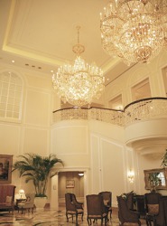 The resplendent crystal chandeliers create an atmosphere of elegance in the hotel lobby. The resplendent crystal chandeliers create an atmosphere of elegance in the hotel lobby.