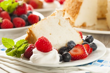 Whipped egg whites gently folded into the batter creates an airy volume resulting in a fluffy angel food cake. Whipped egg whites gently folded into the batter creates an airy volume resulting in a fluffy angel food cake.