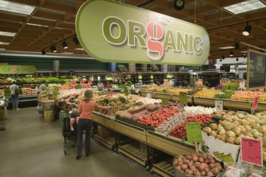 The retail marketing for the organic produce department includes a large hanging sign with colors that represent healthy food. The retail marketing for the organic produce department includes a large hanging sign with colors that represent healthy food.