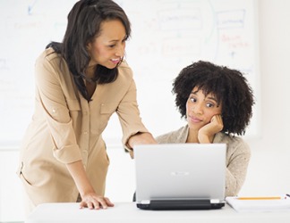 Alicia asked Gail to help her install a new software program on her laptop because her coworker is very computer savvy. Alicia asked Gail to help her install a new software program on her laptop because her coworker is very computer savvy.