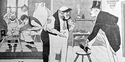 The gentleman of high society pointed out the defect on his shoon to the shoemaker. The gentleman of high society pointed out the defect on his shoon to the shoemaker.