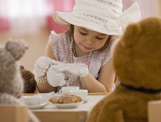 Scarlett likes to dress up fancily and have whimsical tea parties with her bear family. Scarlett likes to dress up fancily and have whimsical tea parties with her bear family.