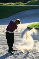A golfer trying to hit his ball out of a bunker. A golfer trying to hit his ball out of a bunker.
