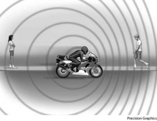 Doppler effect As a motorcycle speeds forward, the frequency (and pitch) of the sound waves in front of the motorcycle become higher, and the frequency (and pitch) of the sound waves behind it become lower. Doppler effect As a motorcycle speeds forward, the frequency (and pitch) of the sound waves in front of the motorcycle become higher, and the frequency (and pitch) of the sound waves behind it become lower.