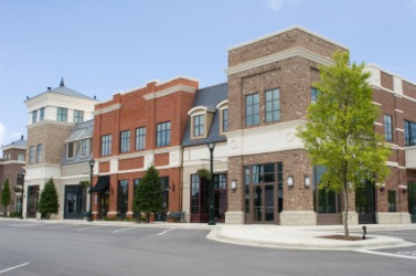 Facades of shopping center buildings. Facades of shopping center buildings.
