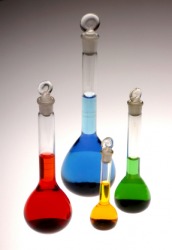 Three Florence flasks. Three Florence flasks.