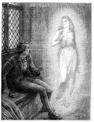 An engraving of a man being haunted by a ghost. An engraving of a man being haunted by a ghost.