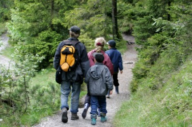 A family hike in the woods. A family hike in the woods.
