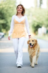 A woman takes her dog for a stroll. A woman takes her dog for a stroll.