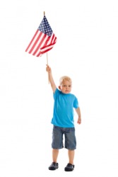 A child raises a flag. A child raises a flag.