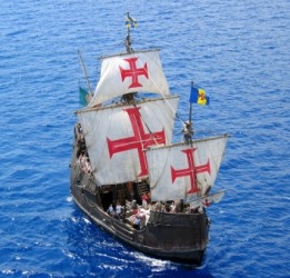 A replica of the Santa Maria sails on the sea. A replica of the Santa Maria sails on the sea.