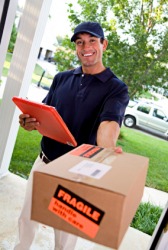 A man delivers a package. A man delivers a package.