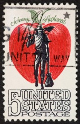 A postage stamp depicting Johnny Appleseed. A postage stamp depicting Johnny Appleseed.