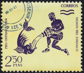 Postage stamp showing the zodiac signs of Aquarius. Postage stamp showing the zodiac signs of Aquarius.
