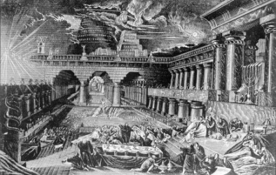 An engraving of the fall of Babylon. An engraving of the fall of Babylon.
