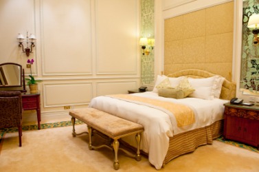A bed in a hotel. A bed in a hotel.