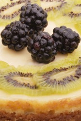A cheesecake topped with four boysenberries. A cheesecake topped with four boysenberries.