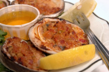 A dish of clams casino. A dish of clams casino.
