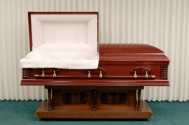 A coffin displayed at a funeral home. A coffin displayed at a funeral home.