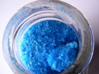 A jar containing chalcanthite also called blue vitriol. A jar containing chalcanthite also called blue vitriol.