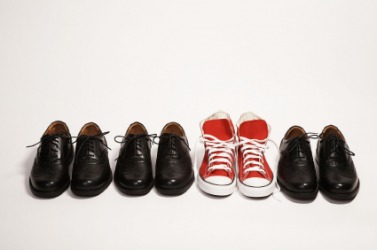 One pair of shoes is very different from the others. One pair of shoes is very different from the others.