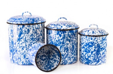A set of enamelware kitchen canisters. A set of enamelware kitchen canisters.