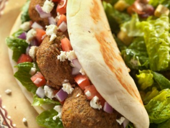 A plate of falafel and pita. A plate of falafel and pita.