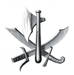 An illustration showing two crossed falchions with a battleaxe. An illustration showing two crossed falchions with a battleaxe.