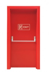 A bright red fire door. A bright red fire door.