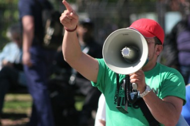 A man exercises his right to free speech. A man exercises his right to free speech.