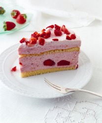 A piece of strawberry genoise. A piece of strawberry genoise.