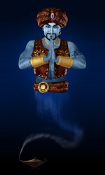 A genie emerges from his lamp. A genie emerges from his lamp.