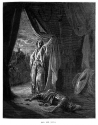 An illustration of Jael with the body of Sisera. An illustration of Jael with the body of Sisera.