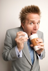 Too much coffee has made this man jittery. Too much coffee has made this man jittery.