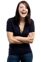Something has made this woman laugh. Something has made this woman laugh.