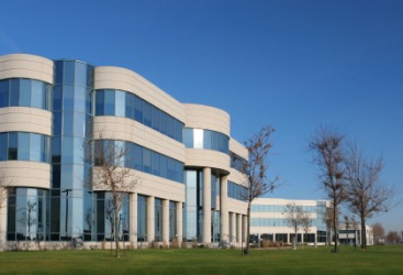 A modern office park. A modern office park.