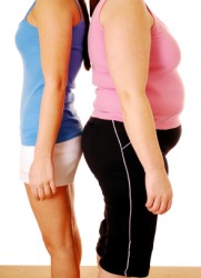 The woman on the right outweighs the woman on the left. The woman on the right outweighs the woman on the left.