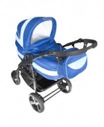A blue baby carriage. A blue baby carriage.