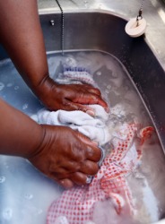 These rags are being soaked in water. These rags are being soaked in water.