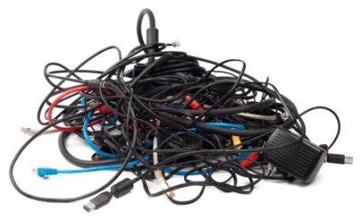 A tangle of computer cords. A tangle of computer cords.