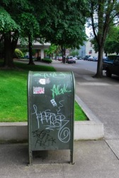 Vandals have attacked this mailbox. Vandals have attacked this mailbox.