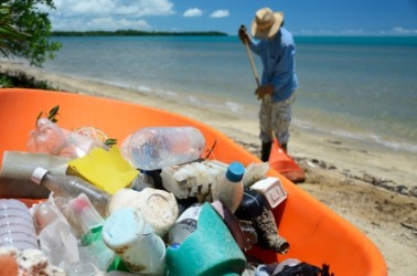 A man collects trash on the beach. A man collects trash on the beach.