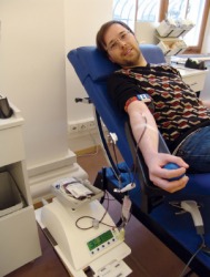 This man is a blood donor. This man is a blood donor.