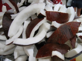 The white nutmeat of a coconut. The white nutmeat of a coconut.