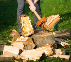A man hacks at a pile of wood. A man hacks at a pile of wood.