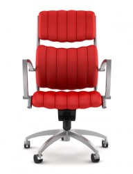 A chair covered in red vinyl. A chair covered in red vinyl.